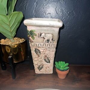 Vintage Safari Leaf Cream Green Elephant Relief Sculpture Ceramic Clay Vase Art